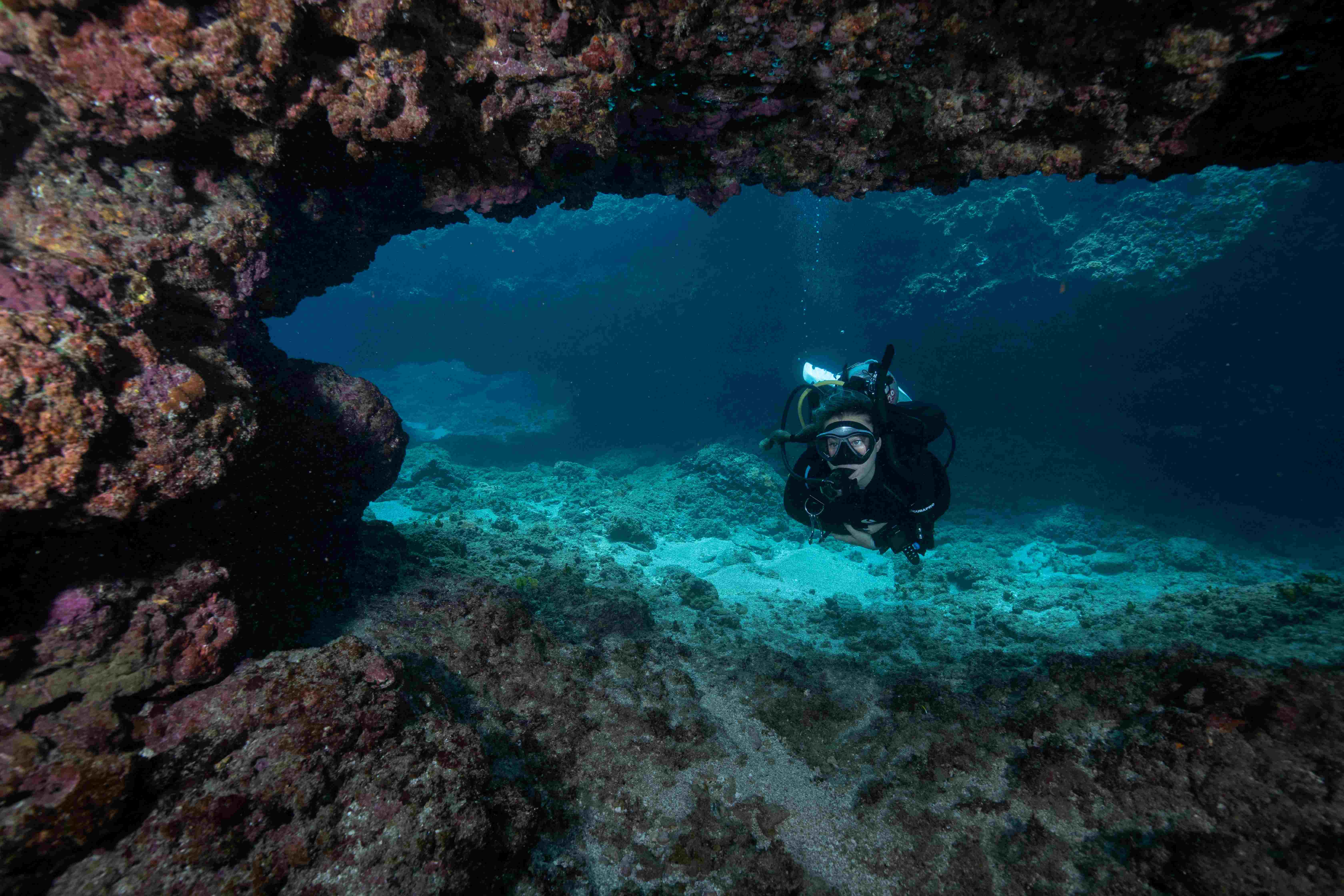 a diver diving through a structure
