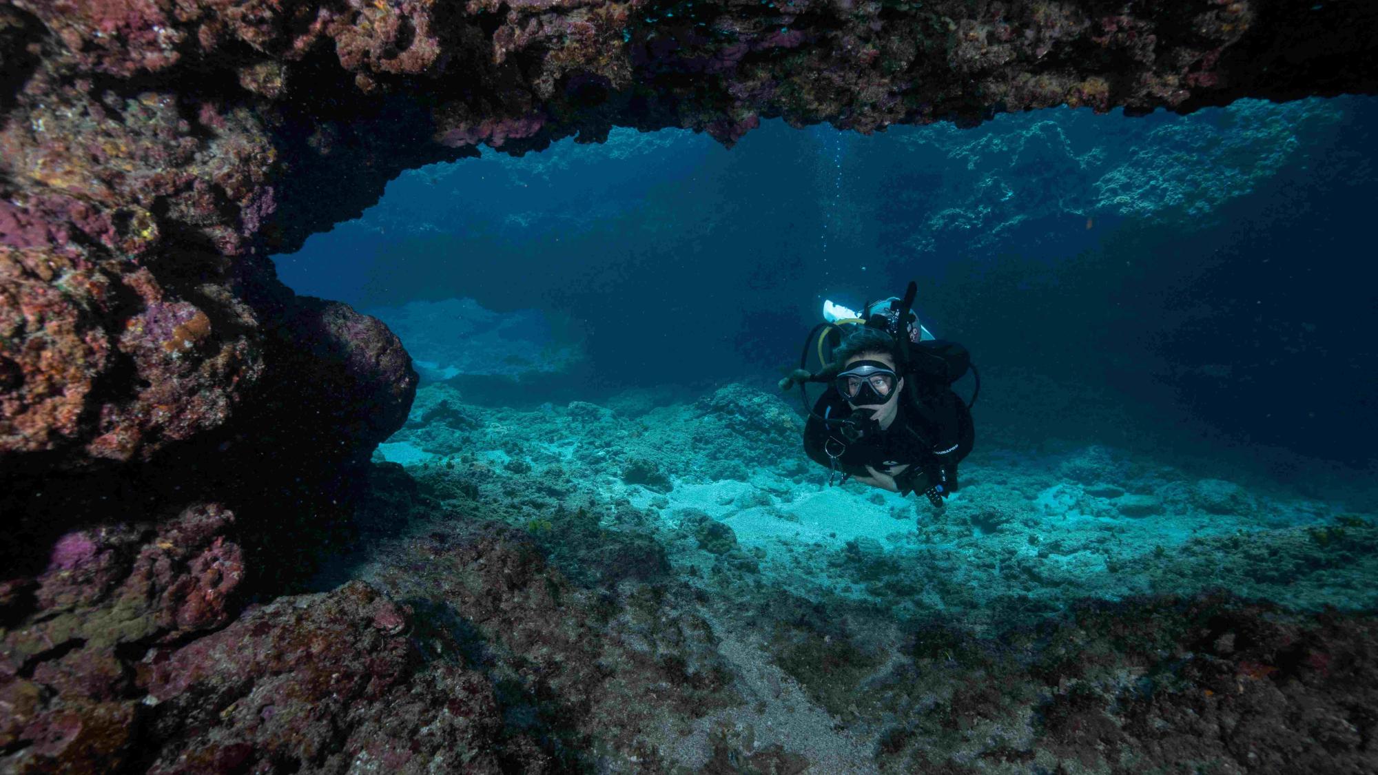 a diver diving through a structure