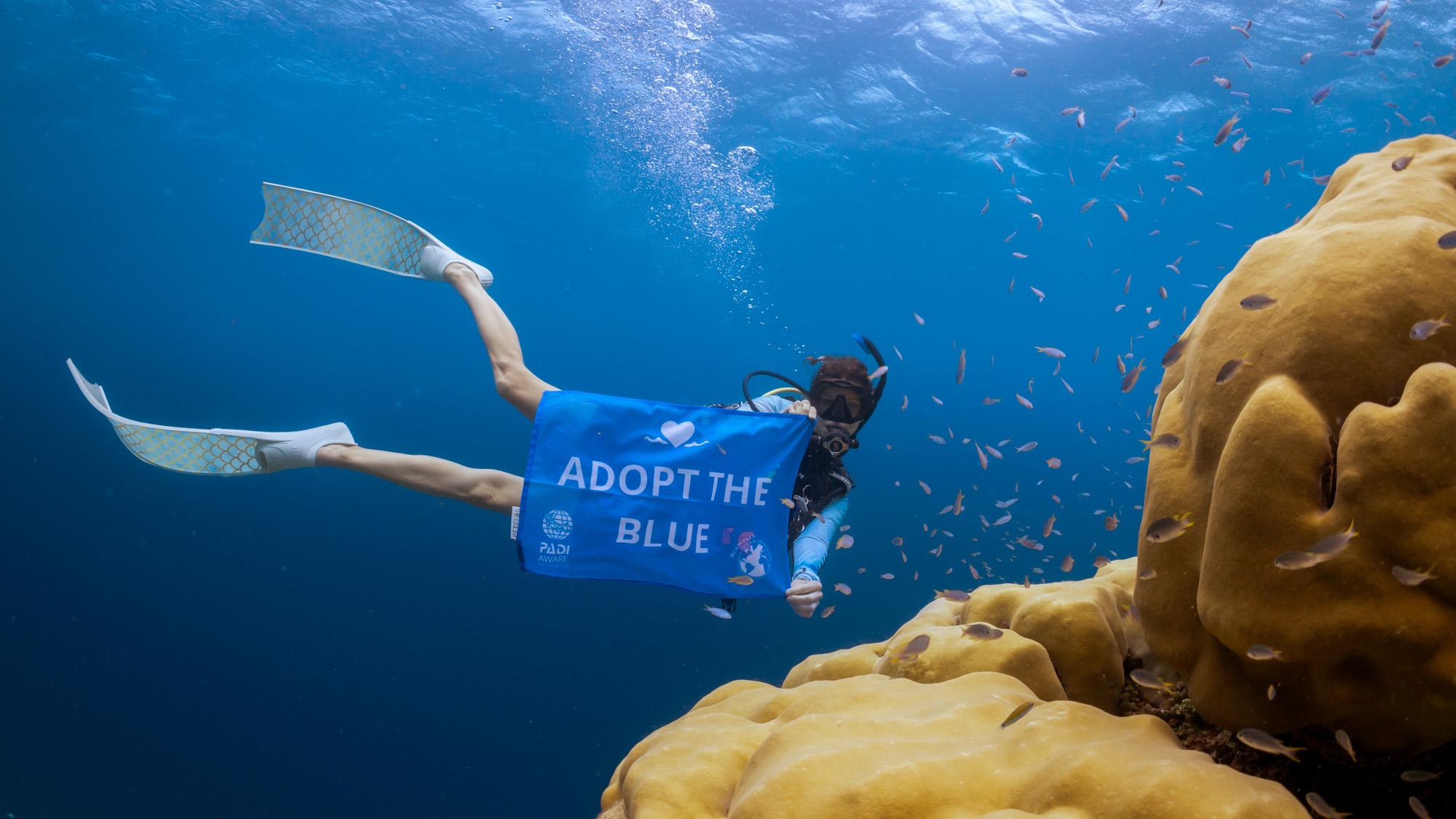 A diver holding a blue Adopt the Blue flag in the ocean.